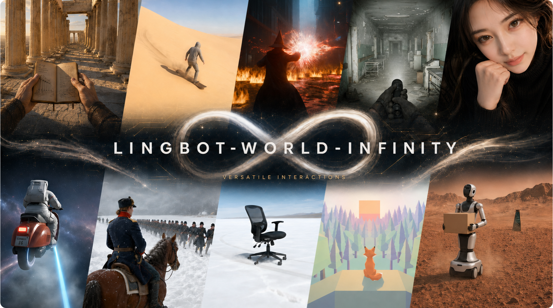 LingBot-World-Infinity teaser featuring diverse interactive worlds